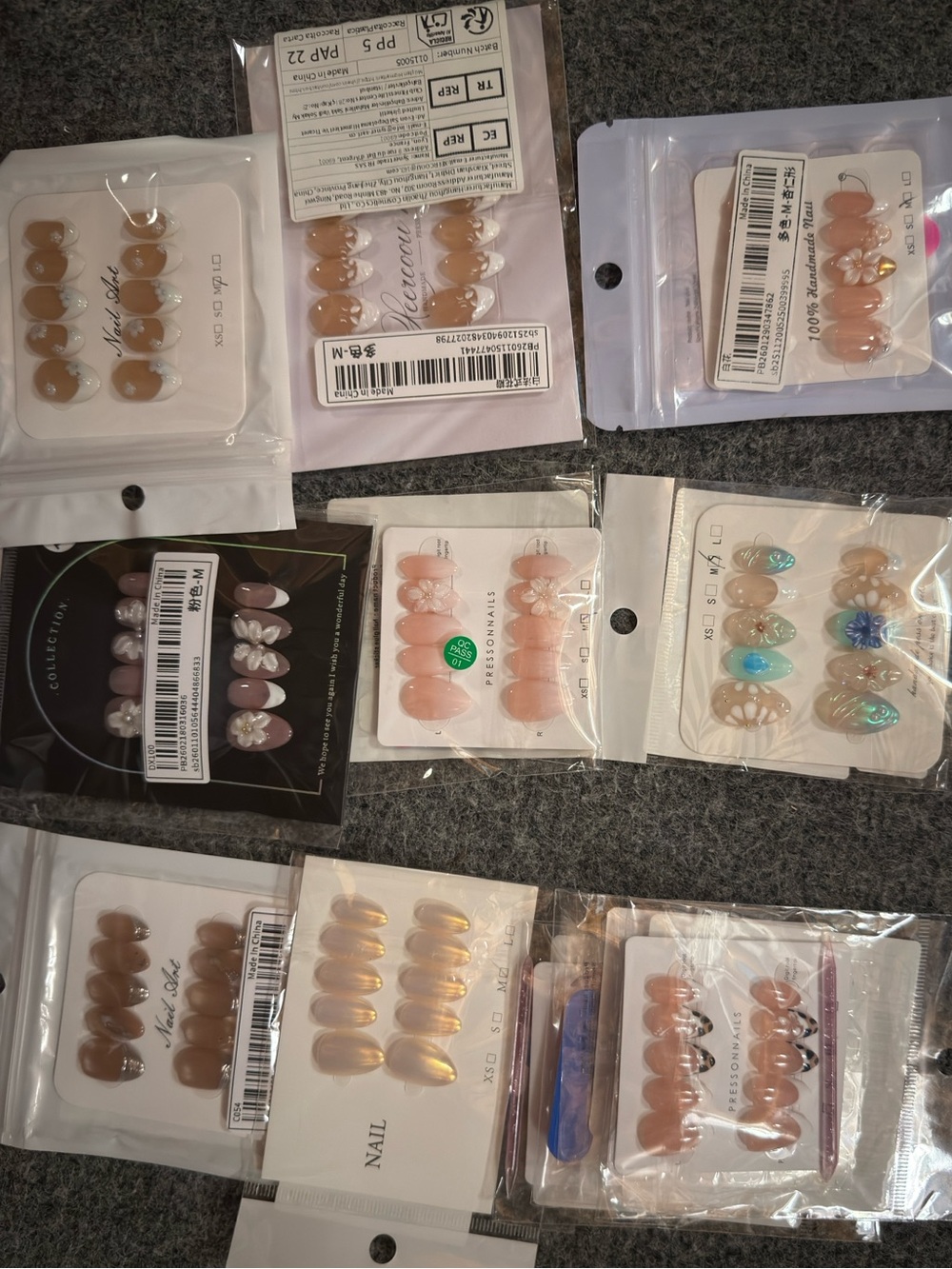 Bundle Lot 11 Handmade Press-On Nail Sets Size Medium Short Length French Floral